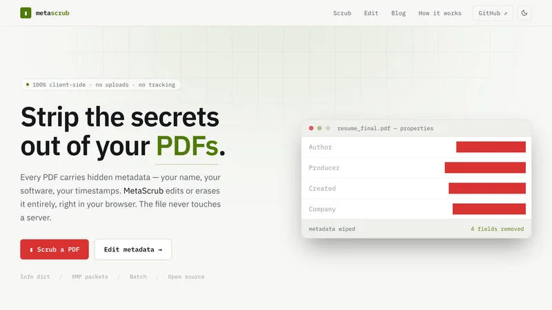 MetaScrub's interface — a PDF properties panel with the Author, Producer, Created, and Company fields redacted, labelled 'metadata wiped · 4 fields removed'