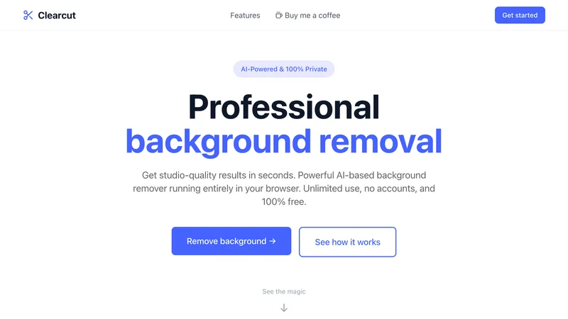 ClearCut's landing page — a bold 'Professional background removal' headline with 'Remove background' and 'See how it works' calls to action