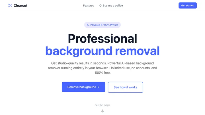 ClearCut's landing page — a bold 'Professional background removal' headline with 'Remove background' and 'See how it works' calls to action