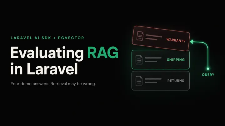 Evaluating RAG in Laravel — a query arrow pulling the wrong document, a red warranty card, out of a stack while the correct emerald shipping card stays put