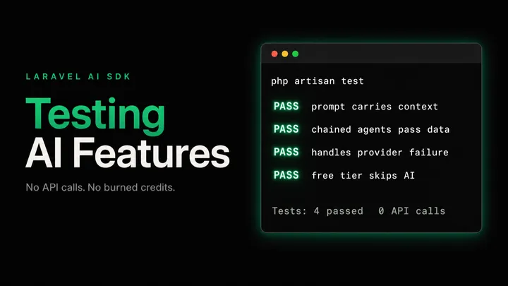 A terminal running php artisan test with four green PASS rows and zero API calls, testing Laravel AI SDK features