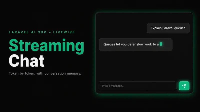 A dark-mode Livewire chat UI with an AI reply streaming in token by token, built on the Laravel AI SDK